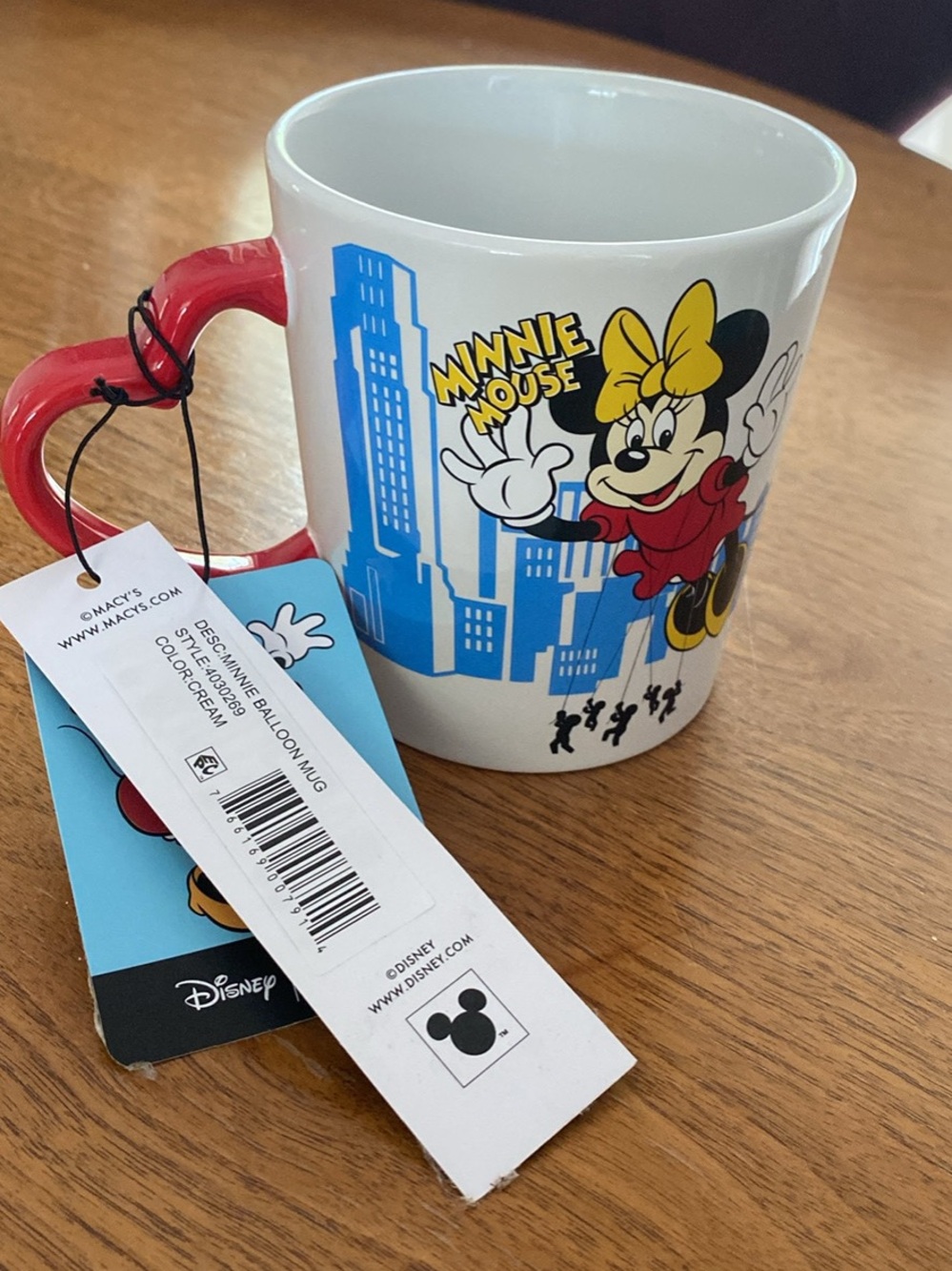 Macy's Minnie Mouse Ceramic Mug with Red Heart Handle and Blue Skyline